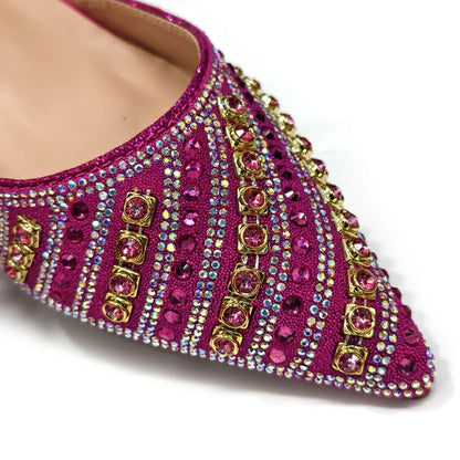 Women’s Fuchsia Rhinestone Shoe & Bag Set - Shiny Italian Style Pointed Toe High Heel Fashion Accessories