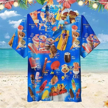 Men’s Ice Cream Hawaiian Shirt - Summer Beach Print Short Sleeve Casual Top with Original Design