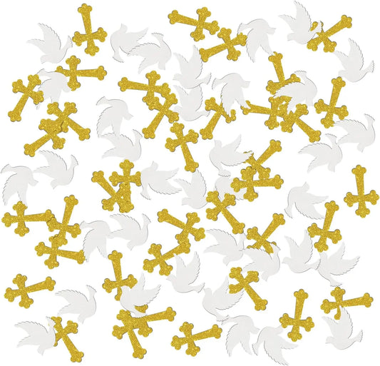 100PCS Glitter Cross & Dove Confetti – Elegant Wedding, Baptism & Birthday Religious Party Decorations