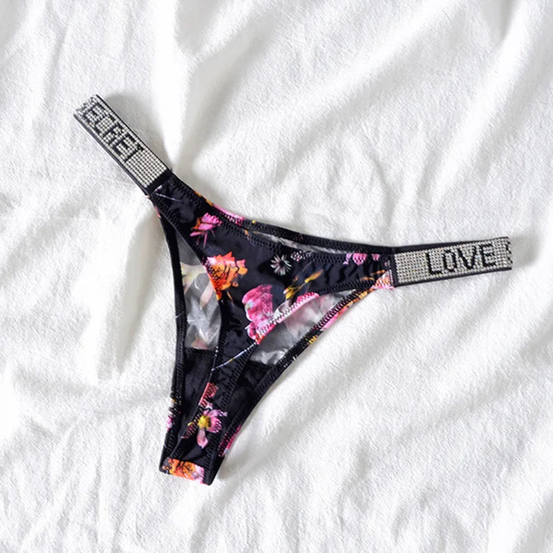 Women’s Sexy Rhinestone G-String Thong – Low Waist T-Back Sports Panties, Diamond Letter Design, Sizes S–XL