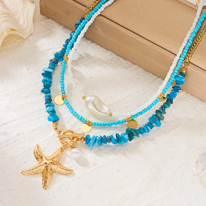 Bohemian Shell Layered Necklace - Vintage Starfish & Turtle Blue Beaded Beach Jewelry for Women