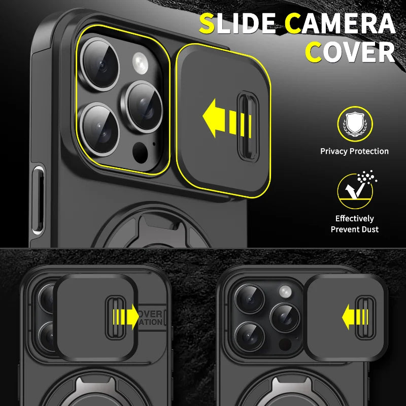 Luxury Rugged Armor Magnetic Case – Heavy Duty PC Cover with Slide Camera Protection for iPhone 16, 15, 14, 13, 12, 11 Pro Max Plus