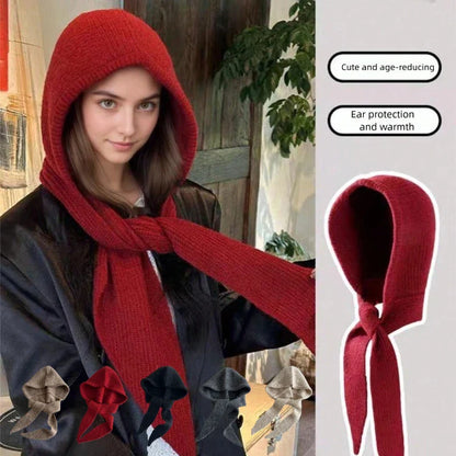 Women’s Warm Hooded Knitted Hat – Autumn Winter Ear Protection Balaclava, Versatile Windproof Ski Beanie with Scarf