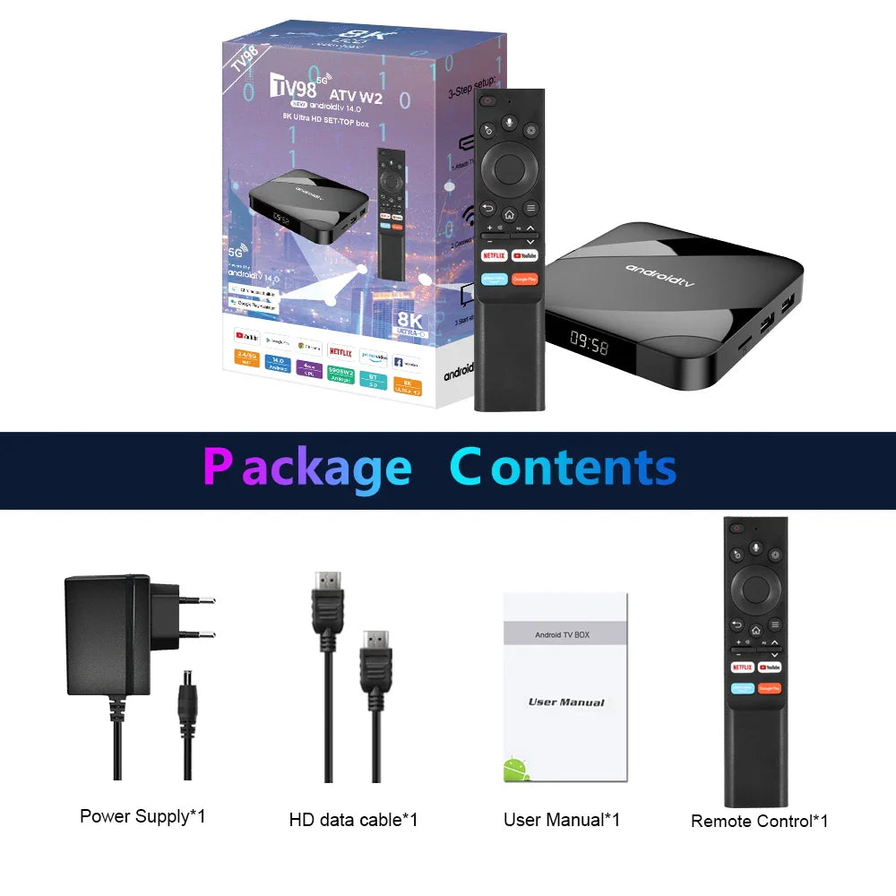 Android 14 TV Box 8K 4K Set Top — Bluetooth 5.2, 4GB RAM, 64GB Storage, S905W2 Quad Core, Dual WiFi, Voice Remote