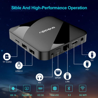 Android 14 TV Box 8K 4K Set Top — Bluetooth 5.2, 4GB RAM, 64GB Storage, S905W2 Quad Core, Dual WiFi, Voice Remote