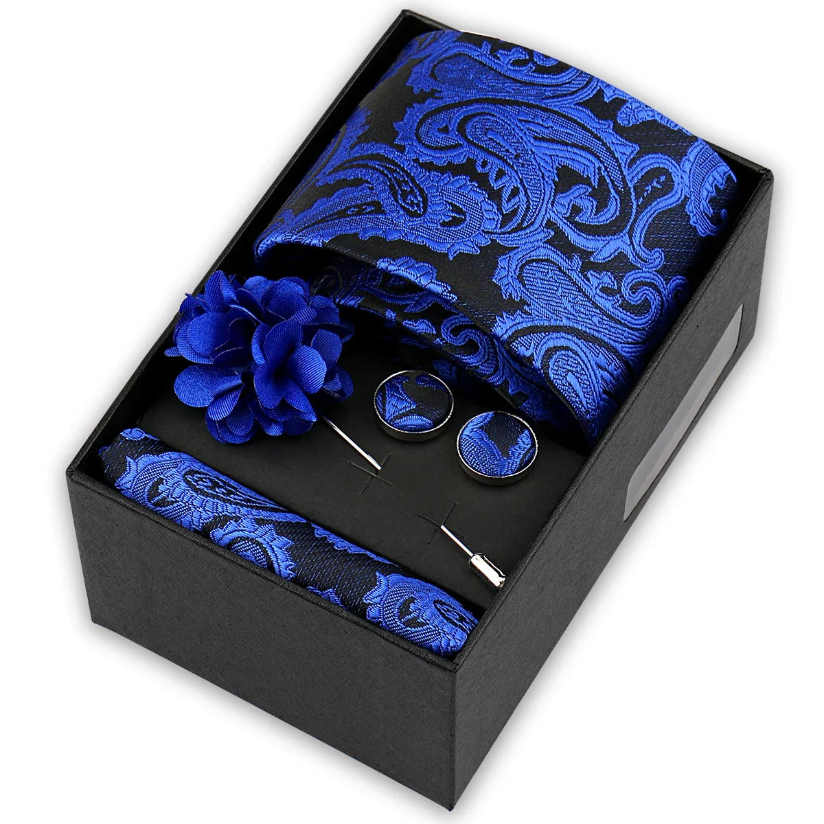 Men’s 4-Piece Tie Set Gift Box - Elegant Necktie with Handkerchief, Cufflinks & Brooch for Business, Wedding & Suit Accessories