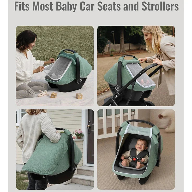 Baby Car Seat Cover – Breathable Muslin Cotton Canopy with Mesh Window, Infant Stroller Sun Shade & Carrier Protection Cover