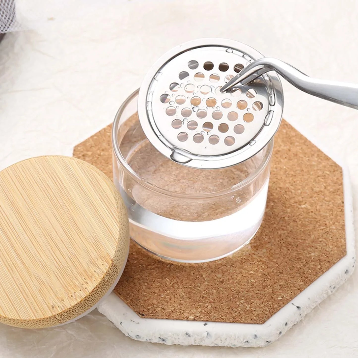 Nail Brush Cleaning Cup - Crystal Glass Cleaner Container with Stainless Steel Mesh Base for Nail Drill Bits and Brushes