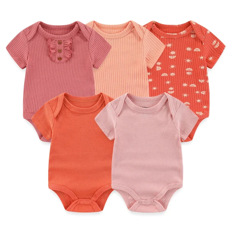 5PCS Newborn Baby Bodysuit Set - Soft Cotton Unisex Baby Clothes with Cartoon Print for Boys & Girls