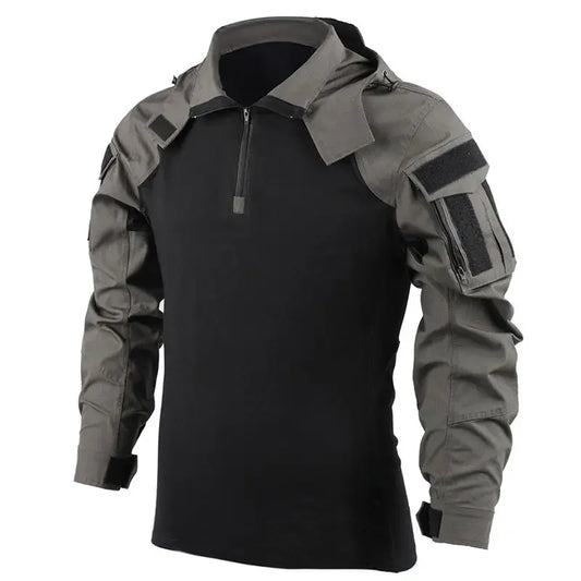 Men’s Tactical Camo Hooded Combat Shirt – Durable Cotton Airsoft & Paintball Hunting Outdoor Wear-Resistant Military Style T-Shirt