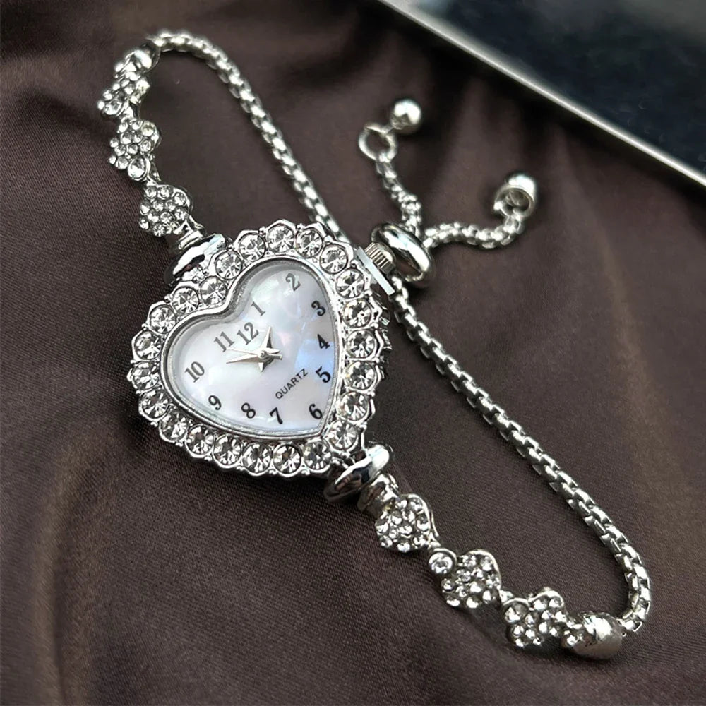 Women's Heart Ribbon Diamond Flower Watch - Fashion Adjustable Bracelet Wristwatch with Elegant Design