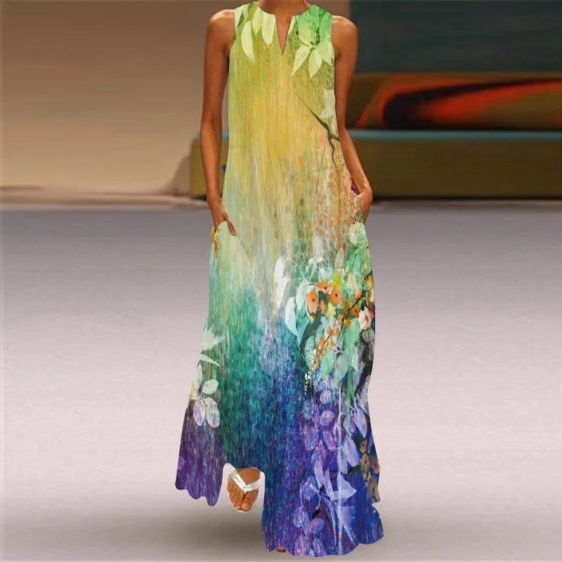 Vintage Boho Maxi Dress - Women's Summer V Neck Sleeveless Long Sundress with Pockets