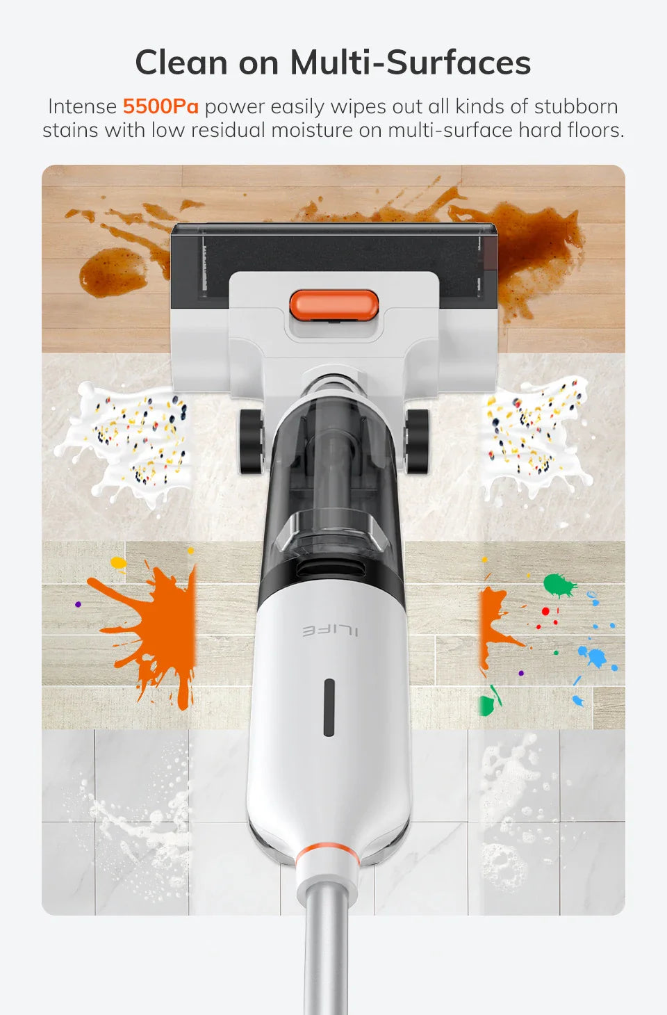 ILIFE W90 Cordless Wet Dry Smart Mop – 5500Pa Suction, Self-Cleaning in 1 Minute, Large Dual Water Tank