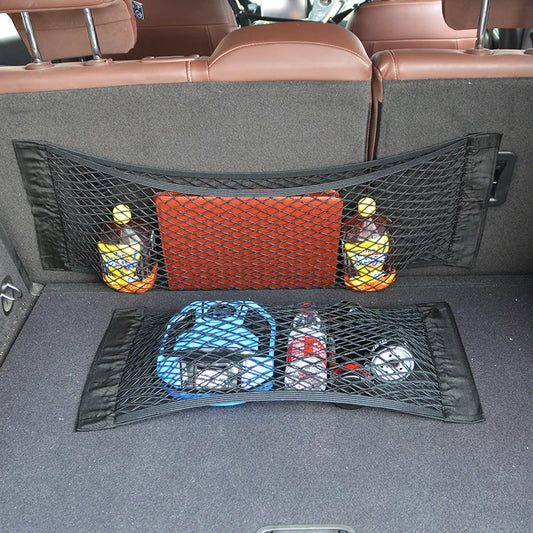 Car Seat Back Organizer - Universal Trunk Net Mesh Pocket with Elastic Storage & Magic Sticker