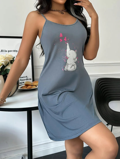 Cute Elephant Print Halter Dress - Women's Casual Pajama Nightgown Home Sleepwear Lounge Dress
