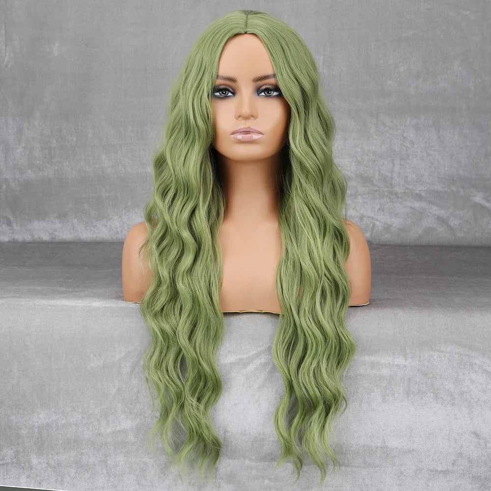 Long Wavy Green Synthetic Wig – Heat-Resistant Women's Cosplay, Party, Lolita Style, Half Part, Red/Black/Pink