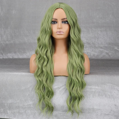 Long Wavy Green Synthetic Wig – Heat-Resistant Women's Cosplay, Party, Lolita Style, Half Part, Red/Black/Pink