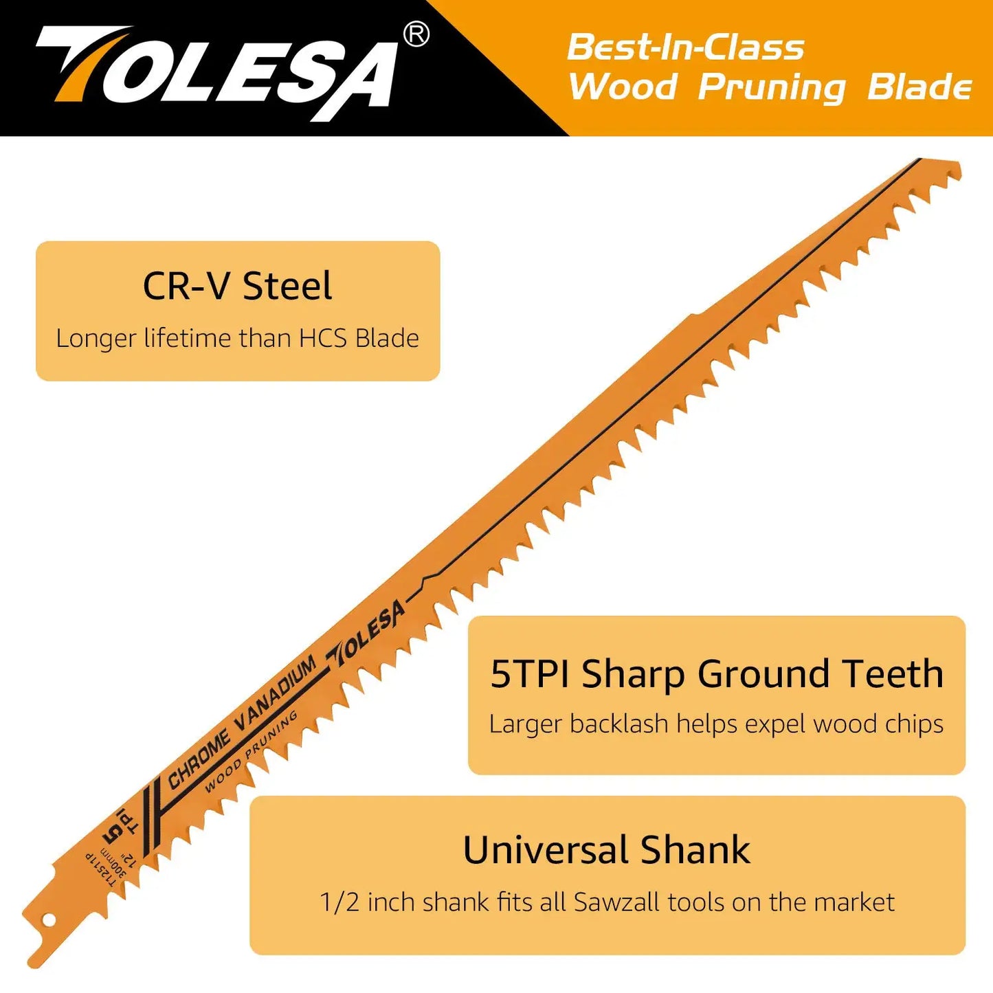 TOLESA 5PCS Reciprocating Saw Blades - 5/6TPI CRV Wood and PVC Cutting Pruning Blades for Sabre Saws