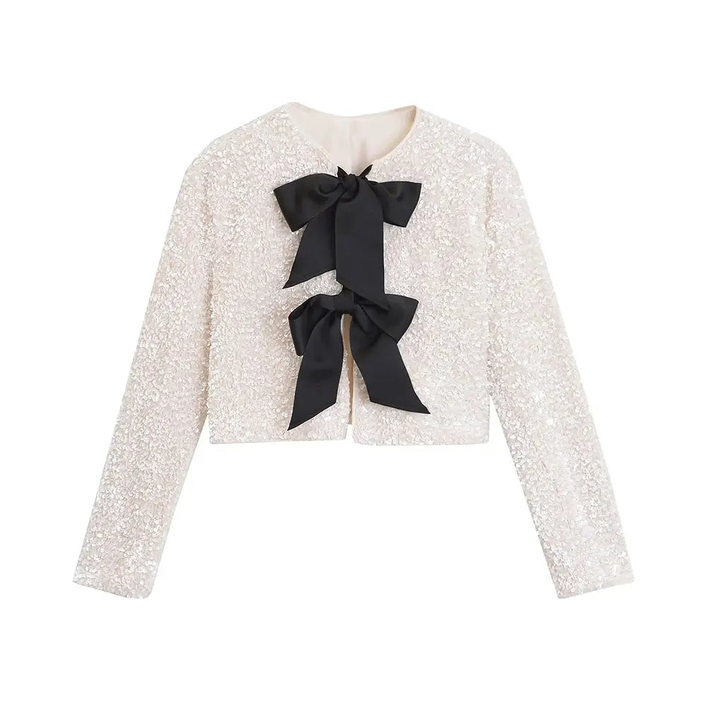 TRAF Women's Sequin Cropped Jacket – Long Sleeve O-Neck Coat with Bow Tie, Chic Outerwear Top
