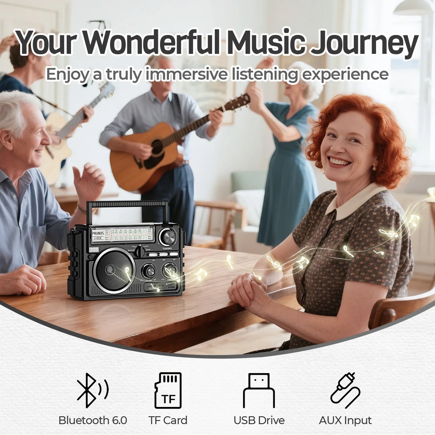 J-02S Portable AM/FM/SW Radio – Dual Antenna Solar Rechargeable 1800mAh Battery, Bluetooth Music Player for Outdoor Emergency Use