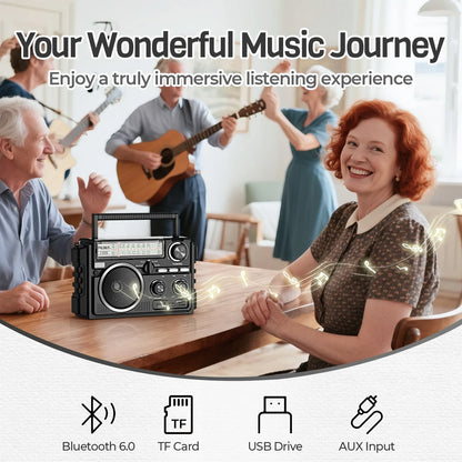 J-02S Portable AM/FM/SW Radio – Dual Antenna Solar Rechargeable 1800mAh Battery, Bluetooth Music Player for Outdoor Emergency Use