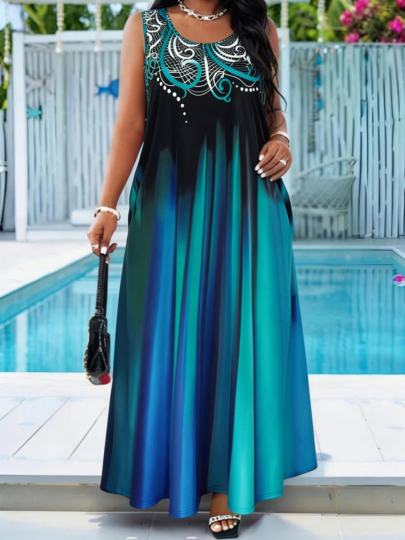 Plus Size Teal Blue Maxi Dress - Gradient Print Sleeveless Casual Sundress with Pocket
