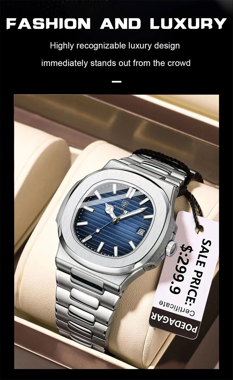 POEDAGAR Luxury Men's Watch – 30ATM Waterproof, Stainless Steel Square Quartz, Luminous Date, Business reloj hombre