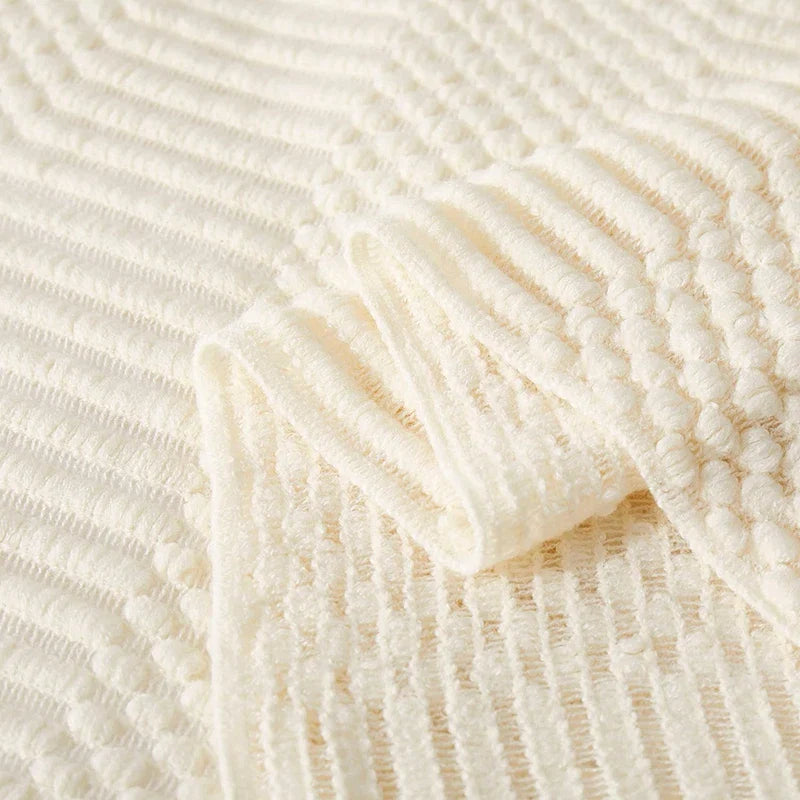 White Boho Throw Blanket – Textured Chunky Knitted Vintage Luxury Bedspread, Sofa Cover Manta Para Sofá
