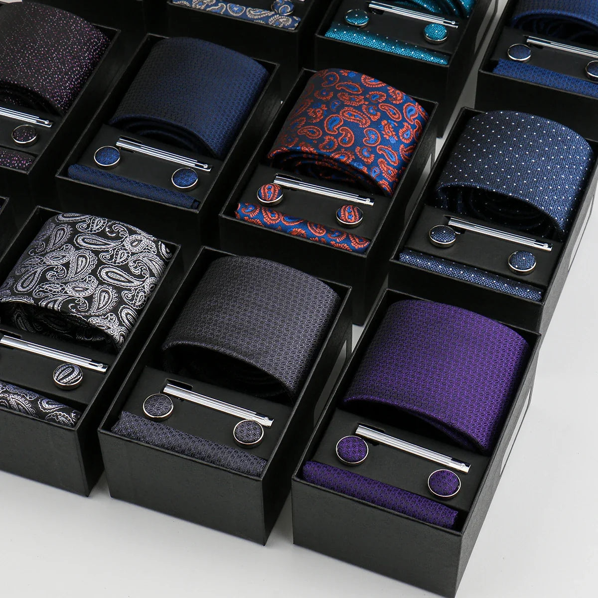 Men's Tie & Cufflink Gift Set - 8cm Necktie Handkerchief Clip Box for Formal Business Suits