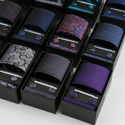 Men's Tie & Cufflink Gift Set - 8cm Necktie Handkerchief Clip Box for Formal Business Suits