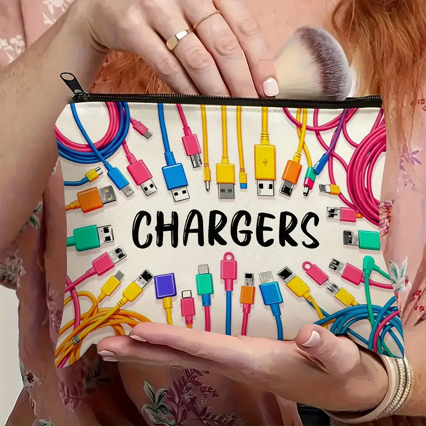 Vibrant Cable & USB Storage Bag - Durable Zipper Pouch with "CHARGERS" Print