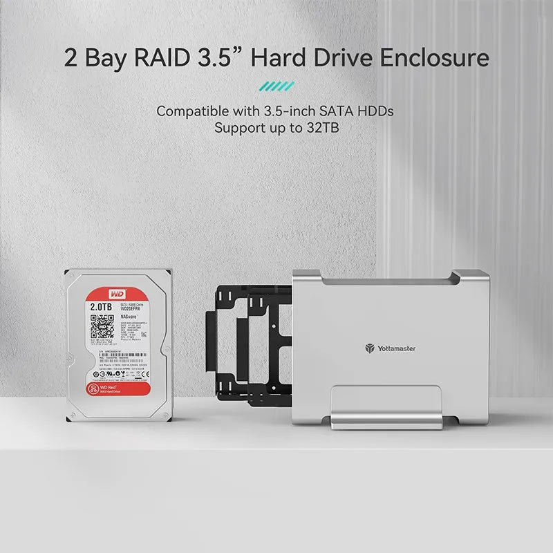 Yottamaster 1/2 Bay RAID Hard Drive Enclosure — 2.5"/3.5" SATA SSD/HDD External Case USB 3.1 Type-C 10Gbps, Supports Up to 2×16TB
