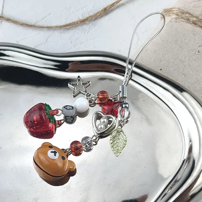 Cute Bell Bear Phone Charm - Y2K Handmade Strawberry Beaded Keychain & Matching Couple Gift Accessory