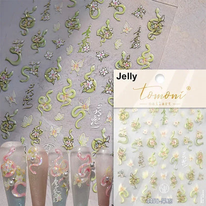 5D Gold Stamped Nail Art Stickers - Silver Sun Stars Snake Chinese Style Self-Adhesive Manicure Decals