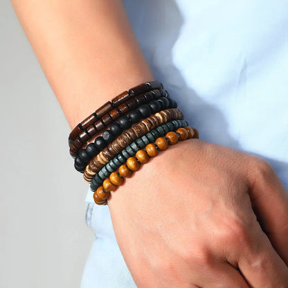 4Pcs Men's Braided Leather Bracelets Set – Vintage Life Tree & Rudder Charms, Wood Beads, Ethnic Tribal Wristbands