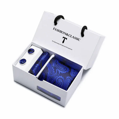 Black Paisley Tie Set - Men's Necktie, Pocket Square & Cufflinks Gift Box for Weddings & Formal Wear
