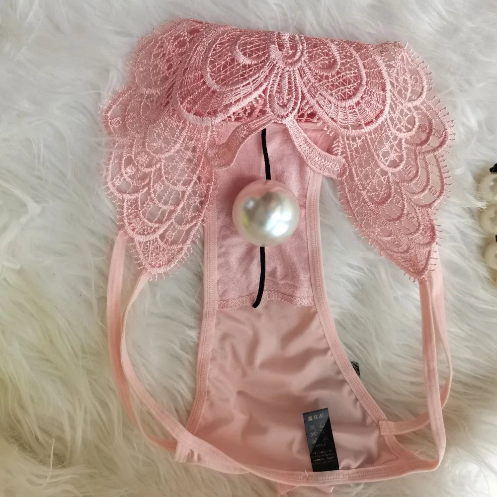 Women’s Lace Embroidered Thong Panties – Beaded Faux Pearl Design T-Back G-String Underwear, Hollow Out Sexy Lingerie Intimates