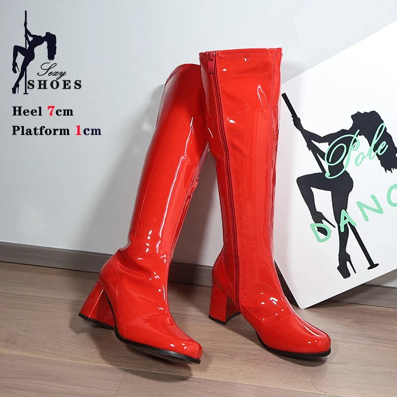 Women’s 7cm Retro Gogo Boots - 60s 70s Knee-High Square Heel Party Boots with Zip Size 44-45