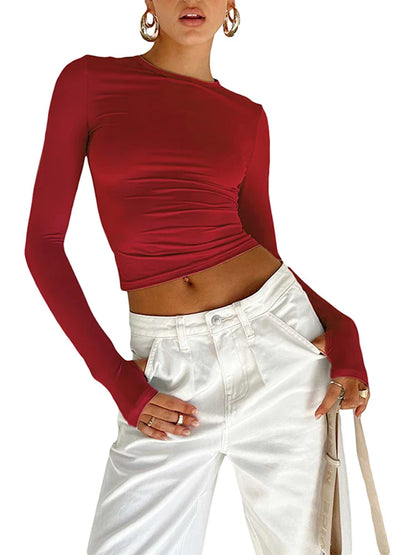Women’s Slim Fit Long Sleeve Crop Top – Crew Neck Thumb Hole T-Shirt, Solid Streetwear Basic Summer Camis Top