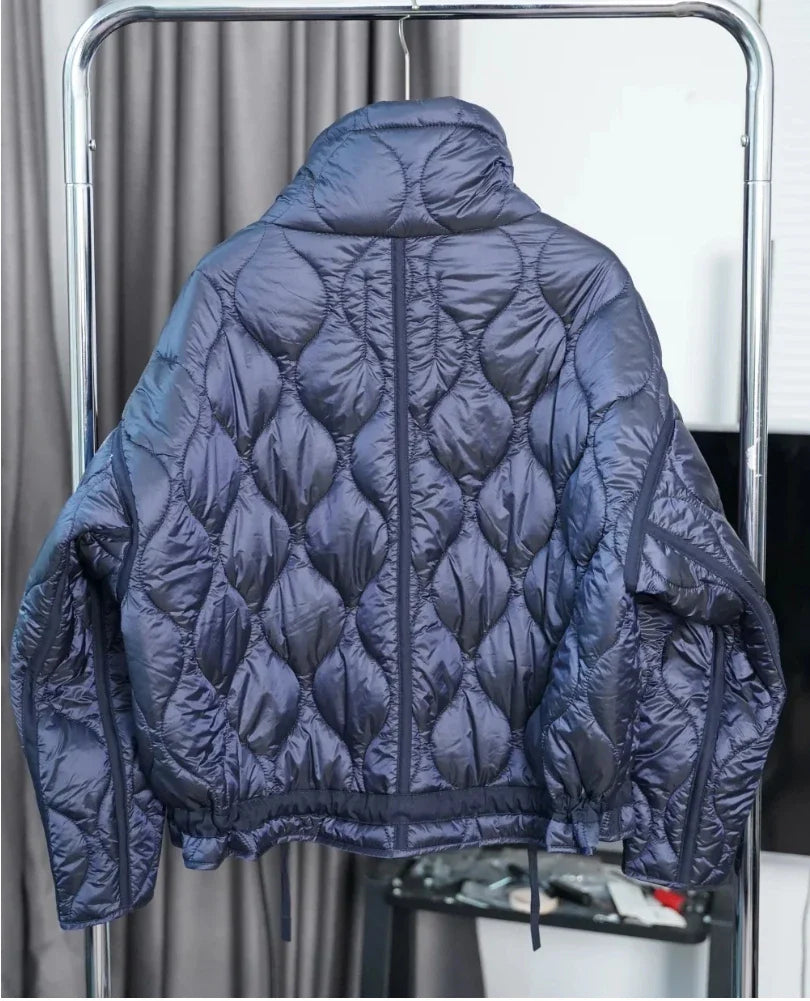 2024 ETJ Quilted Women's Coat – Beige Drawstring High Neck Jacket with Ties & Pockets