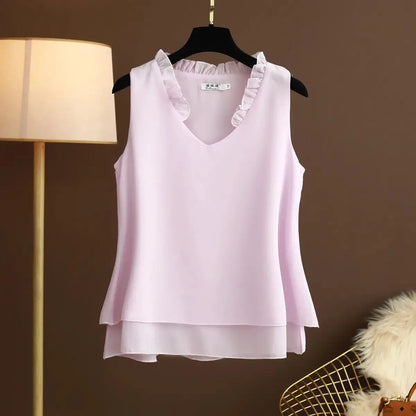 Women's Chiffon V Neck Blouse - Loose Sleeveless Plus Size Fashion Top M-5XL