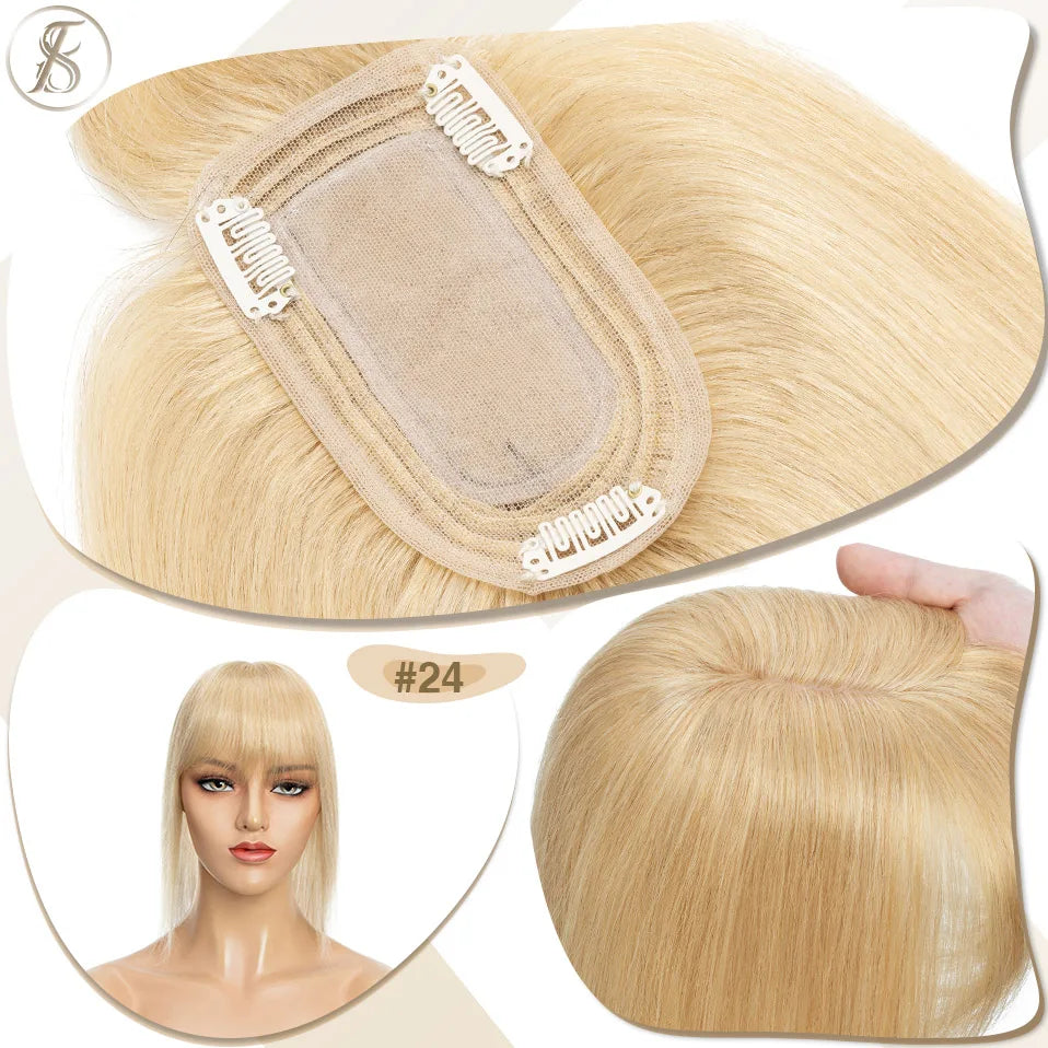TESS Women Human Hair Topper With Bangs - 7x12.5cm Silk Base Clip In Hair Extension Natural Wigpiece
