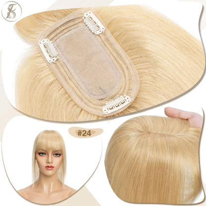 TESS Women Human Hair Topper With Bangs - 7x12.5cm Silk Base Clip In Hair Extension Natural Wigpiece
