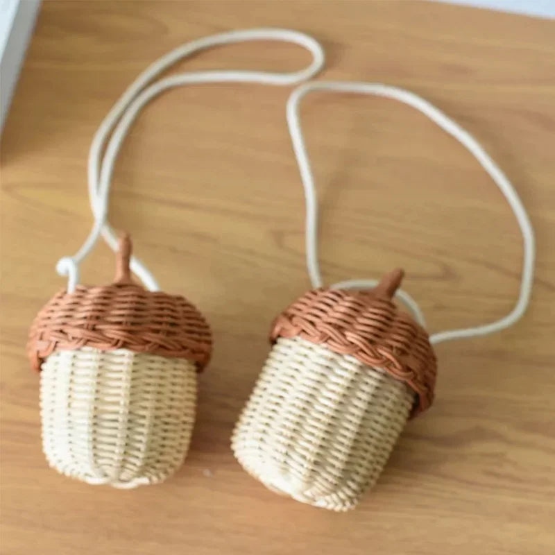 Acorn-Shaped Rattan Storage Basket - Handwoven Round Beach Style Shoulder Bag