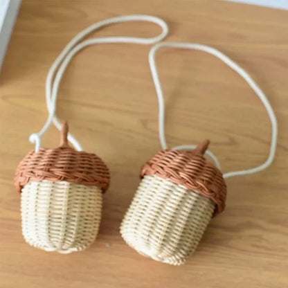 Acorn-Shaped Rattan Storage Basket - Handwoven Round Beach Style Shoulder Bag