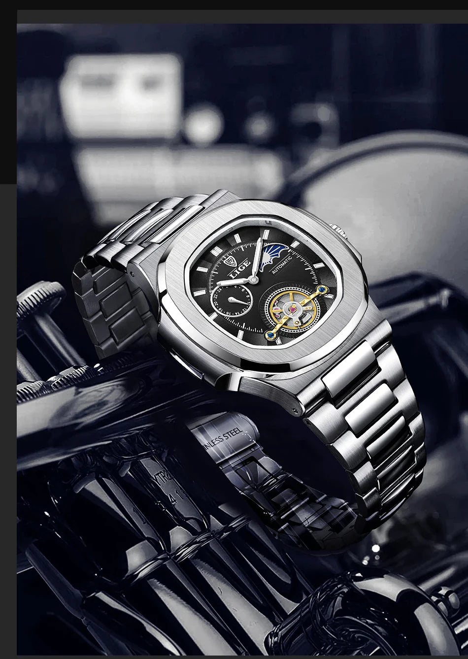 LIGE Dual Seconds Tourbillon Watch – Men's Stainless Steel Mechanical Timepiece, 24H, Night Glow, Waterproof