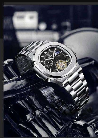 LIGE Dual Seconds Tourbillon Watch – Men's Stainless Steel Mechanical Timepiece, 24H, Night Glow, Waterproof