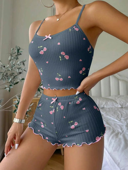 Women’s Summer Pajama Set - Heart Print Ribbed Cami Top & Shorts Nightwear with Bow Detail and Backless Design