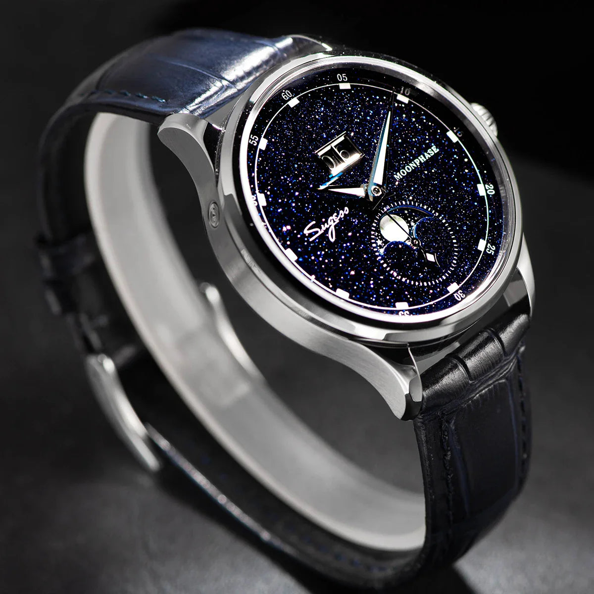 Sugess Origin ST2528 Mechanical Watch – Men's Luxury Moonphase Wristwatch with Real Blue Stone Dial & Stainless Steel Case