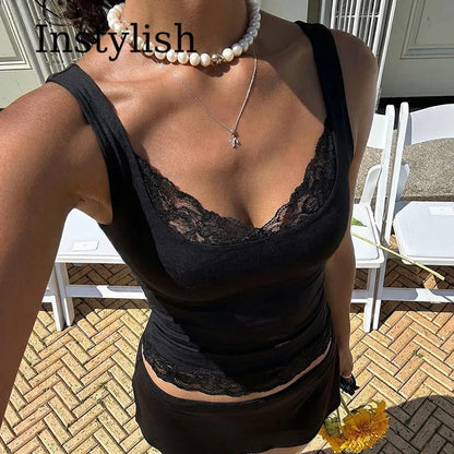 Women’s Square Collar Backless Lace Tank Top – Slim Fit Ruffle Patchwork Y2K Sexy Summer Party & Vacation Crop Top